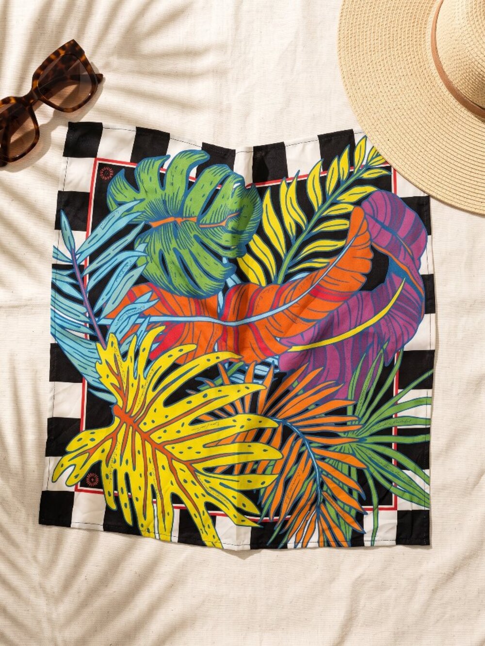 SUN50 Tropical Palm Sun Scarf UPF 50+ Graphic Botanical Square Silk Blend NWT